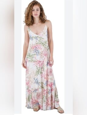 NWT Hurley Floral Pink and Green Lightweight Ruffle Maxi Dress Size M